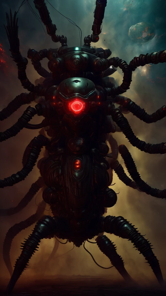 3D rendering, toy, steampunk style, tarantula, skull, countless poisonous snakes wriggling around the head, translucent, four glowing red eyes, monster, powered suit, villain cyborg, invader, toxic substance, full body image, digital image.