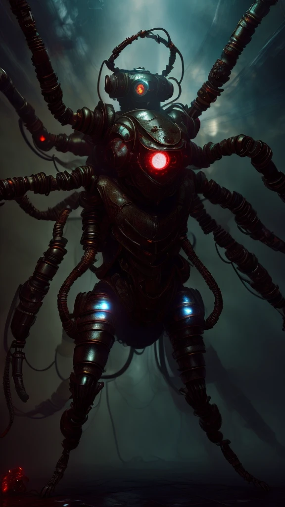 3D rendering, toy, steampunk style, tarantula, skull, countless poisonous snakes wriggling around the head, translucent, four glowing red eyes, monster, powered suit, villain cyborg, invader, toxic substance, full body image, digital image.