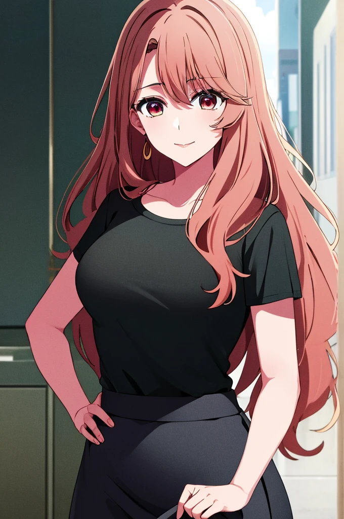 (masterpiece:1.3), (best quality:1.1), (8k, ultra detailed, ultra high res:1.2), ((anime style)), (perfect 5 fingers:1.1), perfect anatomy, 
1girl,
Miyako Saitou, 
BREAK long hair, wavy hair, 
BREAK strawberry blonde hair, 
(red eyes, empty eyes, smile, t-shirt, black skirt), 
BREAK (large breasts:0.9), looking at viewer, 
BREAK cowboy shot, standing, hand on own hip, 
(outdoors, outside, sunny:1.1),  