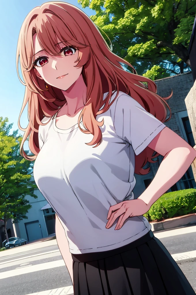 (masterpiece:1.3), (best quality:1.1), (8k, ultra detailed, ultra high res:1.2), ((anime style)), (perfect 5 fingers:1.1), perfect anatomy, 
1girl,
Miyako Saitou, 
BREAK long hair, wavy hair, 
BREAK strawberry blonde hair, 
(red eyes, empty eyes, smile, t-shirt, black skirt), 
BREAK (large breasts:0.9), looking at viewer, 
BREAK cowboy shot, standing, hand on own hip, 
(outdoors, outside, sunny:1.1),  