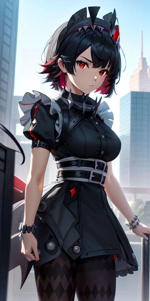 Anti-Joe, Ugly Joe, Black Hair, Colored undercoat, multicoloRed hair, (Red Eyes:1.3), Red hair, short hair, Two-tone hair,
rest bapron, black Pantyhose, black shirt, black skirt, ear punching, arrive, fish Tail, maid, maid apron, maid headdress, Pantyhose, punching, puffy Short sleeve, Puff sleeves, Shark Girl, shark Tail, shirt, Short sleeve, skirt, Tail, Two-tone hair, Wrist sleeves,
rest outdoors, City, Sky, cloud, sun, architecture, crowd, people, alley,
rest looking at viewer, (Cowboy shooting:1.5),
rest (masterpiece:1.2), best quality, high resolution, Unity 8K wallpaper, (illustration:0.8), (beautiful deTailed eyes:1.6), extremely deTailed face, Perfect lighting, extremely deTailed CG, (Perfect hands, Perfect anatomical structure),