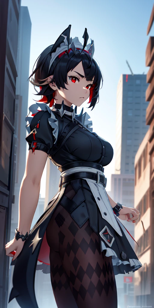 Anti-Joe, Ugly Joe, Black Hair, Colored undercoat, multicoloRed hair, (Red Eyes:1.3), Red hair, short hair, Two-tone hair,
rest bapron, black Pantyhose, black shirt, black skirt, ear punching, arrive, fish Tail, maid, maid apron, maid headdress, Pantyhose, punching, puffy Short sleeve, Puff sleeves, Shark Girl, shark Tail, shirt, Short sleeve, skirt, Tail, Two-tone hair, Wrist sleeves,
rest outdoors, City, Sky, cloud, sun, architecture, crowd, people, alley,
rest looking at viewer, (Cowboy shooting:1.5),
rest (masterpiece:1.2), best quality, high resolution, Unity 8K wallpaper, (illustration:0.8), (beautiful deTailed eyes:1.6), extremely deTailed face, Perfect lighting, extremely deTailed CG, (Perfect hands, Perfect anatomical structure),