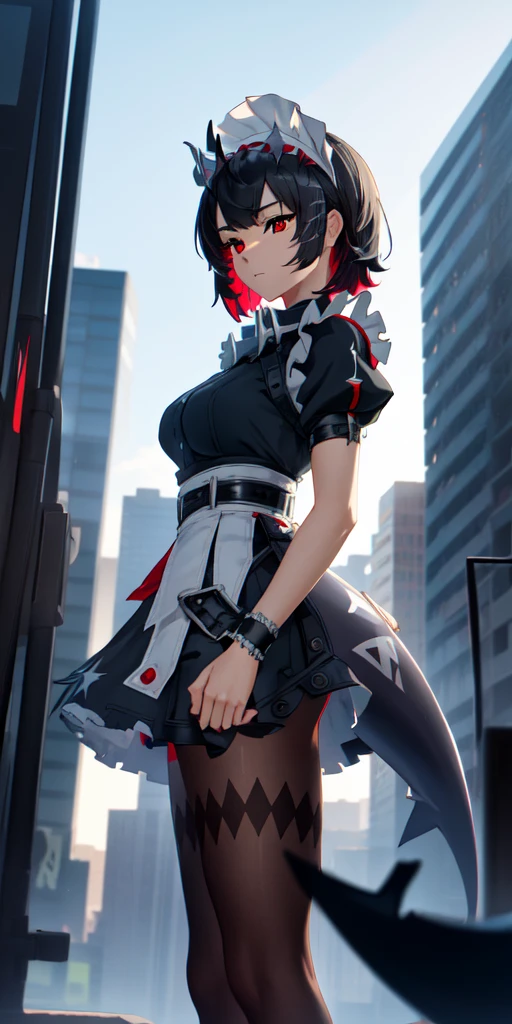 Anti-Joe, Ugly Joe, Black Hair, Colored undercoat, multicoloRed hair, (Red Eyes:1.3), Red hair, short hair, Two-tone hair,
rest bapron, black Pantyhose, black shirt, black skirt, ear punching, arrive, fish Tail, maid, maid apron, maid headdress, Pantyhose, punching, puffy Short sleeve, Puff sleeves, Shark Girl, shark Tail, shirt, Short sleeve, skirt, Tail, Two-tone hair, Wrist sleeves,
rest outdoors, City, Sky, cloud, sun, architecture, crowd, people, alley,
rest looking at viewer, (Cowboy shooting:1.5),
rest (masterpiece:1.2), best quality, high resolution, Unity 8K wallpaper, (illustration:0.8), (beautiful deTailed eyes:1.6), extremely deTailed face, Perfect lighting, extremely deTailed CG, (Perfect hands, Perfect anatomical structure),