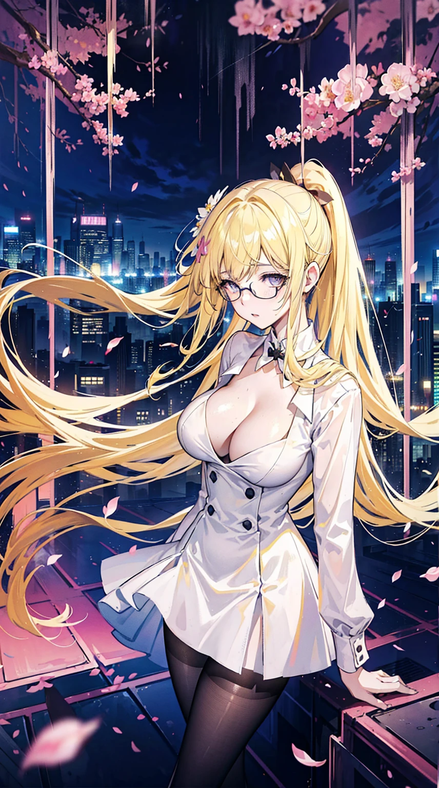 Young and beautiful Kathryn Newton, Glasses, White dress shirt, Very deep neckline, Black Mini Dress, Dark pantyhose, Surreal, 14 years old, Model figure, , Beautiful , Big , Long hair, Ponytail, Blonde hair, Long legs, 8K, futuristic city, Cherry blossoms, sunrise, LED lighting, Anime style, (((Cleavage)))