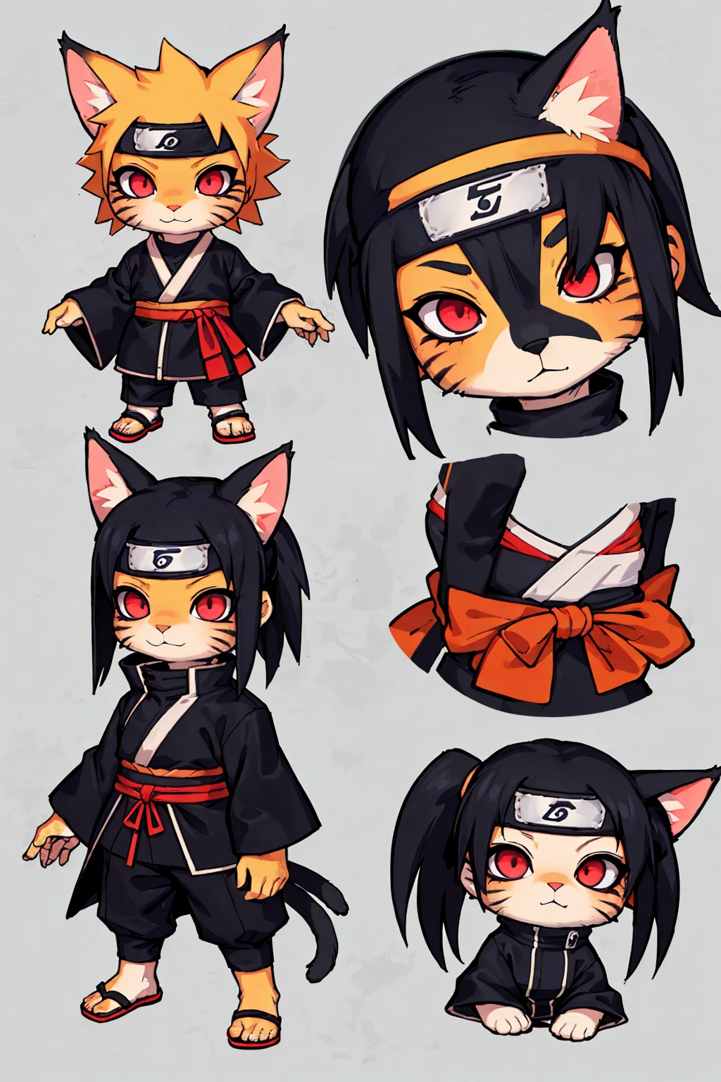 a cat warrior character, cat ears, furry, (full body:1.2) , chibi, advanced digital chibi art, g liulian art style, maplestory mouse, bian lian, chibi art, league of legends art style, character art of maple story, ((view at the viewer)), (((Uchiha Itachi - Naruto costume)))
