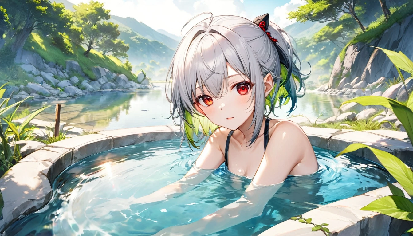 (relax bathing style) (a 16 yo, crew cut silver hair very short hair divine fighter boy, cool red eyes) and (a 15 yo, green ponytail hair long hair cute girl, cute yellow eyes), break, (in the very large natural hot spring, background nature), BREAK, perfect anatomy, masterpiece, best quality, 16k, beautiful detailed grow, daydreaming expression.