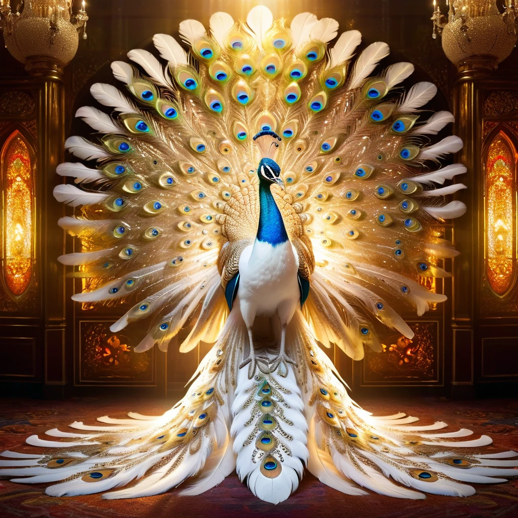 Peacock,Front upright,(Pure white body,The whole body is pure white,White feathers,Gold pattern,Crystal sparkle),Peacock开屏,Looking at the audience,fantasy,Colorful tones,masterpiece,Dramatic ethereal beauty,Panoramic view:1.2,Three light sources,reflected light