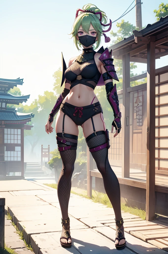 ((1girl, solo)), (((cowboy shot))), (legs apart:1.5), standing, beautiful body, (perfect anatomy, perfect body, perfect hands, perfect legs), natural proportions, sexy body, (large breasts:1.5), (full body, full-body shot, full body front:1.5) BREAK
((extremely detailed face)), (beautiful detailed eyes:1.6), (realistic pupils, realistic iris:1), expressive eyes, looking at viewer, (clear eyes:1.3), (hyperrealistic:1.2), (detailed skin texture:1.2), smooth skin, kuki shinobu, purple eyes, green hair, ((mouth mask)), perfect face, perfect eyes BREAK
ninja, (fishnet top:1.5), (crop top:1.5), cleavage, (cropped jacket:1.5), (shoulder armor:1.5), (arm guard:1.5), partially fingerless gloves, midriff, black panties, ((black thighhighs)), (((greaves))), sandals, (revealing clothes:1.5), (japanese armor:1.5), (samurai armor), (highleg panty straps:1.4), tassel, thighs, ass visible through thighs BREAK
outdoor, day, japanese building, east asian architecture BREAK
(masterpiece:1.5), anime-style, top quality, best quality, (beautiful and aesthetic:1.2), (ultra detail:1.5), Ultra-detailed depiction, Ultra-precise depiction, extremely detailed 8k illustration, high resolution, (highly detailed shading:1.2), (realistic lighting:1.4), perfect lighting, vibrant colors, dynamic tones, striking hues, 8k, absurd resolution, perfect shadows, hdr, UHD, ambient lighting, realistic, ultra-realistic, photo realistic, highly detailed, rich detail, luminous colors, fine texture, intricate design, professional illustration, (soft light:1.2), (illustration:0.7)