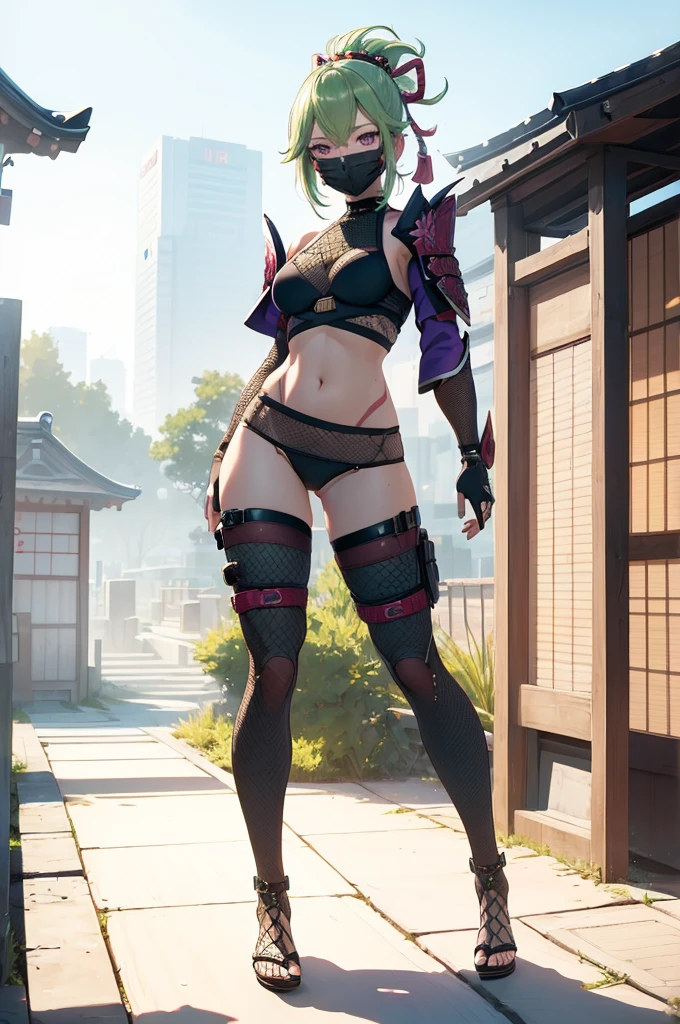 ((1girl, solo)), (((cowboy shot))), (legs apart:1.5), standing, beautiful body, (perfect anatomy, perfect body, perfect hands, perfect legs), natural proportions, sexy body, (large breasts:1.5), (full body, full-body shot, full body front:1.5) BREAK
((extremely detailed face)), (beautiful detailed eyes:1.6), (realistic pupils, realistic iris:1), expressive eyes, looking at viewer, (clear eyes:1.3), (hyperrealistic:1.2), (detailed skin texture:1.2), smooth skin, kuki shinobu, purple eyes, green hair, ((mouth mask)), perfect face, perfect eyes BREAK
ninja, (fishnet top:1.5), (crop top:1.5), cleavage, (cropped jacket:1.5), (shoulder armor:1.5), (arm guard:1.5), partially fingerless gloves, midriff, black panties, ((black thighhighs)), (((greaves))), sandals, (revealing clothes:1.5), (japanese armor:1.5), (samurai armor), (highleg panty straps:1.4), tassel, thighs, ass visible through thighs BREAK
outdoor, day, japanese building, east asian architecture BREAK
(masterpiece:1.5), anime-style, top quality, best quality, (beautiful and aesthetic:1.2), (ultra detail:1.5), Ultra-detailed depiction, Ultra-precise depiction, extremely detailed 8k illustration, high resolution, (highly detailed shading:1.2), (realistic lighting:1.4), perfect lighting, vibrant colors, dynamic tones, striking hues, 8k, absurd resolution, perfect shadows, hdr, UHD, ambient lighting, realistic, ultra-realistic, photo realistic, highly detailed, rich detail, luminous colors, fine texture, intricate design, professional illustration, (soft light:1.2), (illustration:0.7)