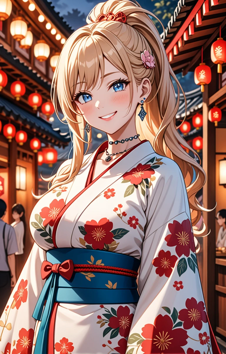 ((one girl)), hyper detailed, absurdres, 8K,Cute face, Beautiful Face, (Laugh shyly), ((teasing smile:1.8)), ((Wink:1.8)), (Laugh with your mouth wide open),(Tilt your head:1.3), View your viewers, ((Bright red cheeks:1.6)),Glossy Red Lips, ((Big Breasts:1.4)) night, Shrine festival stalls, (Brighten your face), ((Anime style background)),masterpiece, Highest quality, so beautiful,Latest, Complex details, (Pink long nails), (nail art), (ring),(bracelet), (helix piercing:1.7), (Floral Choker),AI-generated, Complex,High resolution, Highest quality, super high quality,3D Images、3D Images,One person,Blonde long hair,(High Ponytail), (Wavy Hair), Anime woman posing for a photo, ((Fine grain、blue eyes、Shining Eyes:1.4)), (Squint your eyes:1.1),a hyperRealistic , hyperRealistic , Realistic,Long blonde anime woman, Smooth anime CG art, Pink large floral patternの刺繍が入った、A girl in a gorgeous kimono, ((White long-sleeved kimono)),(Pink large floral pattern) ,Long flower hair ornament,Floral Earrings,Mature Body, expensive,Abdominal muscles,Tight waist,((face focus:1.5)), (front view),