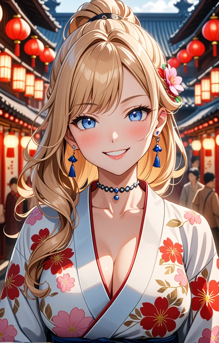 ((one girl)), hyper detailed, absurdres, 8K,Cute face, Beautiful Face, (Laugh shyly), ((teasing smile:1.8)), ((Wink:1.8)), (Laugh with your mouth wide open),(Tilt your head:1.3), View your viewers, ((Bright red cheeks:1.6)),Glossy Red Lips, ((Big Breasts:1.4)) night, Shrine festival stalls, (Brighten your face), ((Anime style background)),masterpiece, Highest quality, so beautiful,Latest, Complex details, (Pink long nails), (nail art), (ring),(bracelet), (helix piercing:1.7), (Floral Choker),AI-generated, Complex,High resolution, Highest quality, super high quality,3D Images、3D Images,One person,Blonde long hair,(High Ponytail), (Wavy Hair), Anime woman posing for a photo, ((Fine grain、blue eyes、Shining Eyes:1.4)), (Squint your eyes:1.1),a hyperRealistic , hyperRealistic , Realistic,Long blonde anime woman, Smooth anime CG art, Pink large floral patternの刺繍が入った、A girl in a gorgeous kimono, ((White long-sleeved kimono)),(Pink large floral pattern) ,Long flower hair ornament,Floral Earrings,Mature Body, expensive,Abdominal muscles,Tight waist,((face focus:1.5)), (front view),