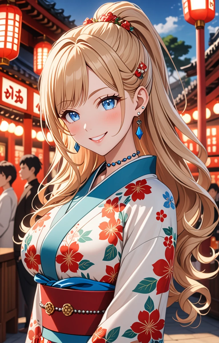 ((one girl)), hyper detailed, absurdres, 8K,Cute face, Beautiful Face, (Laugh shyly), ((teasing smile:1.8)), ((Wink:1.8)), (Laugh with your mouth wide open),(Tilt your head:1.3), View your viewers, ((Bright red cheeks:1.6)),Glossy Red Lips, ((Big Breasts:1.4)) night, Shrine festival stalls, (Brighten your face), ((Anime style background)),masterpiece, Highest quality, so beautiful,Latest, Complex details, (Pink long nails), (nail art), (ring),(bracelet), (helix piercing:1.7), (Floral Choker),AI-generated, Complex,High resolution, Highest quality, super high quality,3D Images、3D Images,One person,Blonde long hair,(High Ponytail), (Wavy Hair), Anime woman posing for a photo, ((Fine grain、blue eyes、Shining Eyes:1.4)), (Squint your eyes:1.1),a hyperRealistic , hyperRealistic , Realistic,Long blonde anime woman, Smooth anime CG art, Pink large floral patternの刺繍が入った、A girl in a gorgeous kimono, ((White long-sleeved kimono)),(Pink large floral pattern) ,Long flower hair ornament,Floral Earrings,Mature Body, expensive,Abdominal muscles,Tight waist,((face focus:1.5)), (front view),