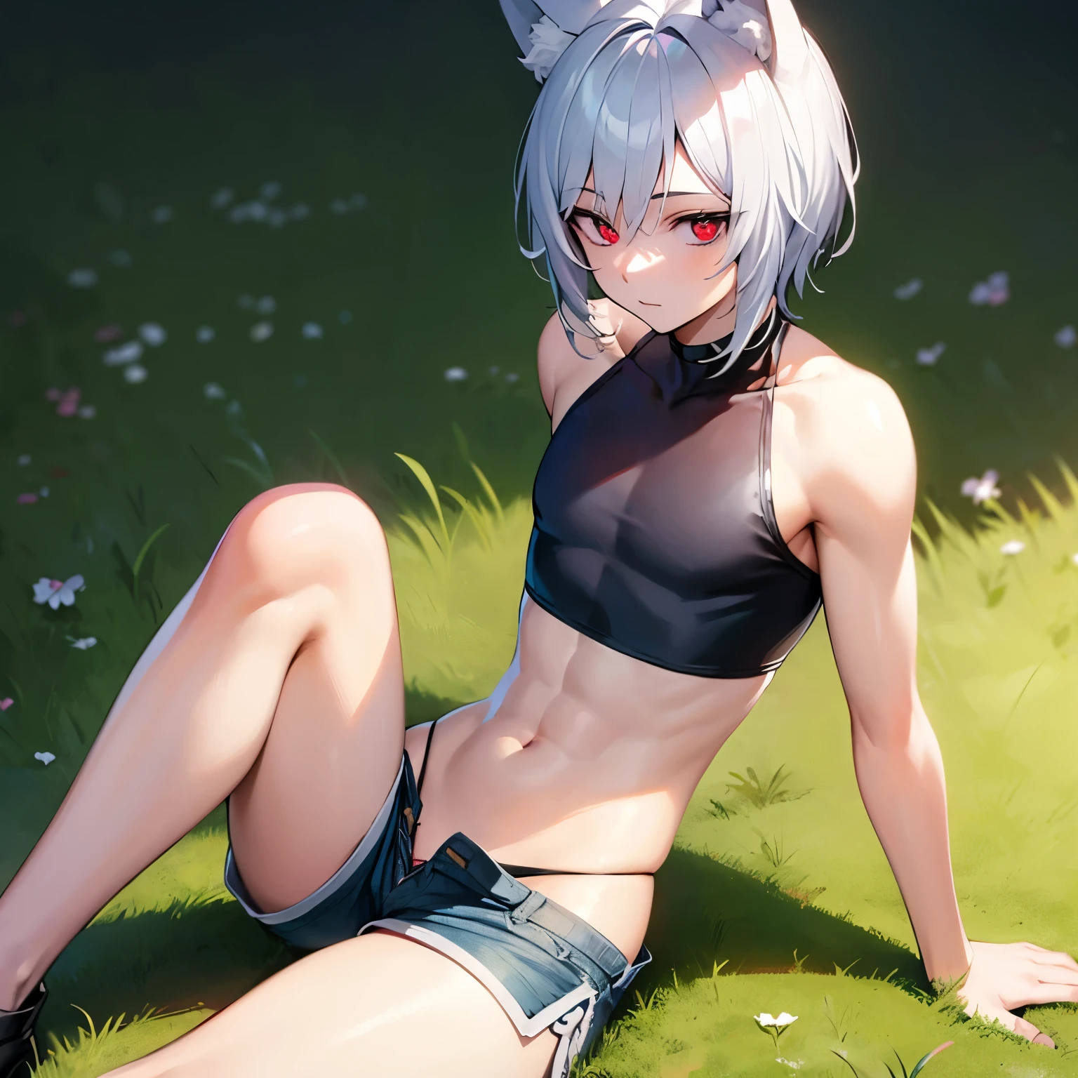 masterpiece, soft shading, perfect anatomy, perfect lighting, perfect focus, vibrant, solo, 1boy, male, silver hair skin, red eyes, femboy, crop top, thong, shorts, sexy clothes, revealing clothes, wolf ears , sitting in field
