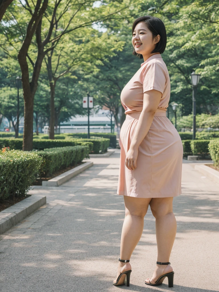 Jang Wonyoung, her name is Akira, hyperrealistic, high quality, 1girl, ((25-year-old chubby asian woman)), ((25 years old)), (((curvy body))), SHORT BOB, pose: standing, wearing stylish fashionable Generation-Z modern wear different colored, happy, laughing BACKGROUND: park
