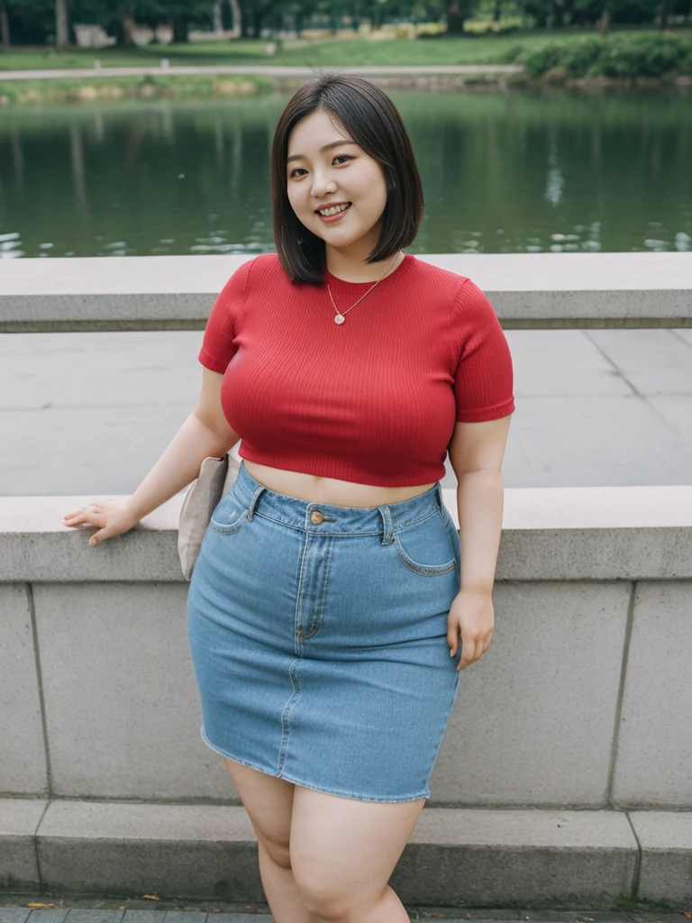 Jang Wonyoung, her name is Akira, hyperrealistic, high quality, 1girl, ((25-year-old chubby asian woman)), ((25 years old)), (((curvy body))), SHORT BOB, pose: standing, wearing stylish fashionable Generation-Z modern wear different colored, happy, laughing BACKGROUND: park