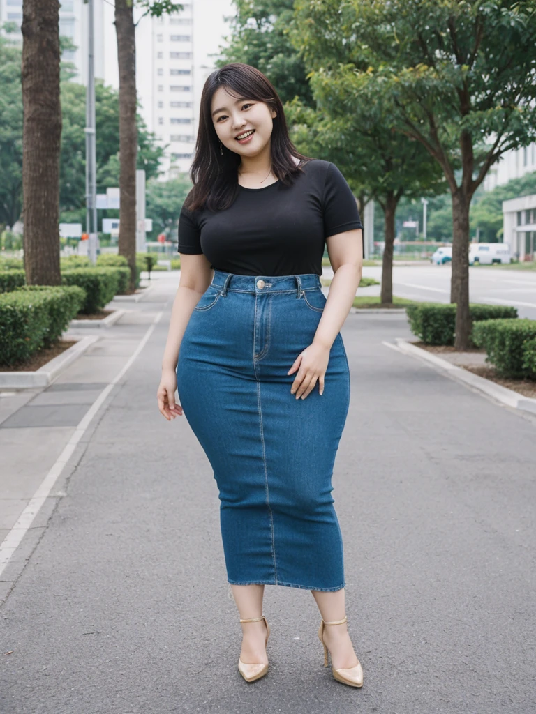 Jang Wonyoung, her name is Akira, hyperrealistic, high quality, 1girl, ((25-year-old chubby asian woman)), ((25 years old)), (((curvy body))), SHORT BOB, pose: standing, wearing stylish fashionable Generation-Z modern wear different colored, happy, laughing BACKGROUND: park