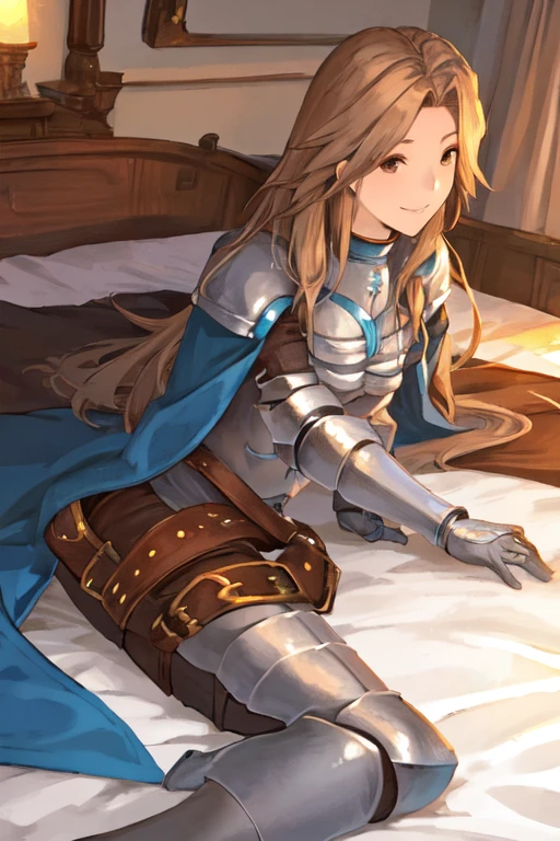 katalina (granblue fantasy), solo, 1girl, armor, gauntlets, belt, breastplate, gloves, shoulder armor, cape, pauldrons, pants, room, smile, lying down, best quality, masterpiece, low-angle shot, bed, bedroom 