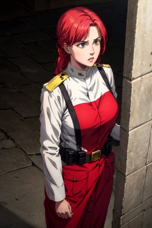 30 year old woman, channel red hair, gold eyes, neutral expression, White military uniform, liberia, Marley