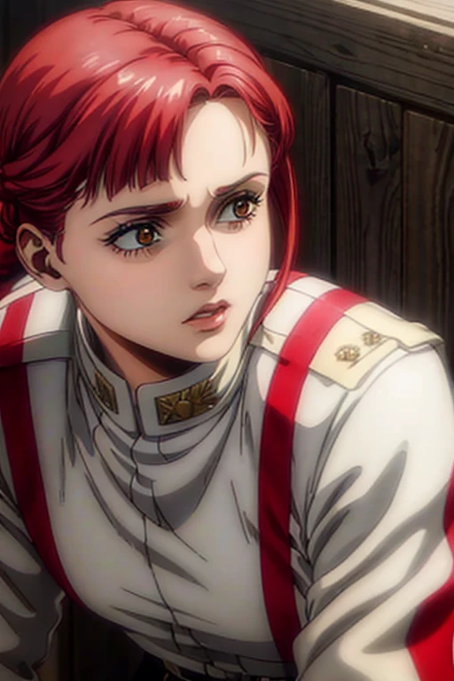 30 year old woman, channel red hair, gold eyes, neutral expression, White military uniform, liberia, Marley