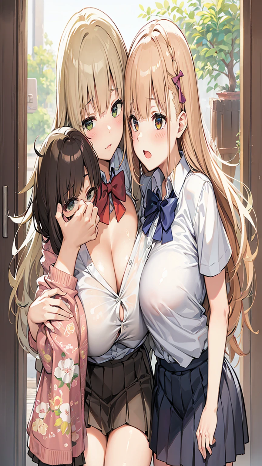 (masterpiece, Highest quality:1.2), JK,huge tit,Age difference,blush,bow,chest,Girl's sandwich,Long Hair,Multiple Girls,pleated skirt,Trapped,,Short sleeve,skirt,Two Girls,1人のboy,hug,boy