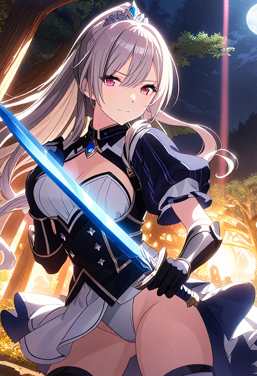 Highest quality、Very detailed、High resolution illustrations、Ultra-high-definition CG、8k size wallpaper、Production art、Light Novel Illustration、Sakuya Shirase、Midnight blue long ponytail、Platinum tiara with blue gemstones、Red eyes、(Tree Eyes), Cool and sharp features, Female magical warrior、white&gold breastplate、Blue and white leotard、(((With side armor and long slits、ブルーとwhiteゴールドで装飾されたペンシルスカート)))、Half puff sleeves with shoulder pads、A large white ribbon with a large sapphire on the chest、White and blue long gloves、White and blue thigh-high stiletto boots、whole body、She has a sword with a glowing blue blade.