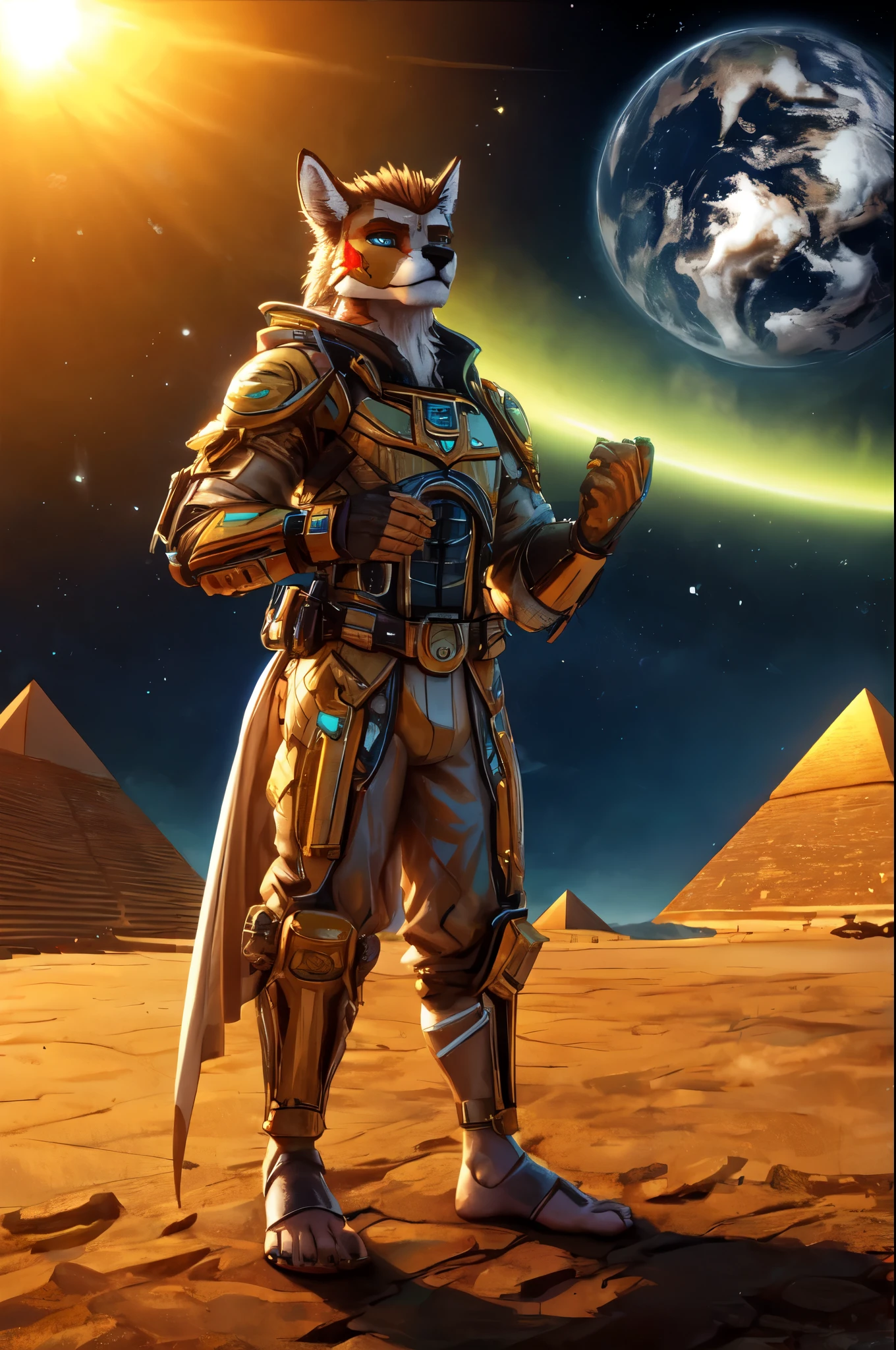 (((Barefoot furry character, full body, cinematic setting, furry male, plantigrade)))
See the earth at the peak of it's glory -
Days that are long gone.
The greatest empire of the ancient times
Behold the light so bright it blinds your eyes!
((Atlantis!))
Ancestor of Mankind
Those who have united
The earth under One Name
See the greatest city stand
In Anabiosis
What has once ruled all the world -
Mighty Poseidonis!
The great ((pyramids)) in place
Shelter us from danger,
We send ships to distant worlds,
Fearing not their anger.
BREAK, ((science-fiction scenery)), ((hitech civilization)), intricate details, highly detailed, extreme detail, octane render, fine art, best quality, highres, (detailed face:1.5), ((full_body)), respecting golden ratio, UHD, (((perfect hands))), low light