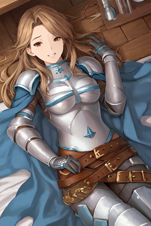 katalina (granblue fantasy), solo, 1girl, armor, gauntlets, belt, breastplate, gloves, shoulder armor, cape, pauldrons, pants, room, smile, lying down, best quality, masterpiece, bed, bedroom 