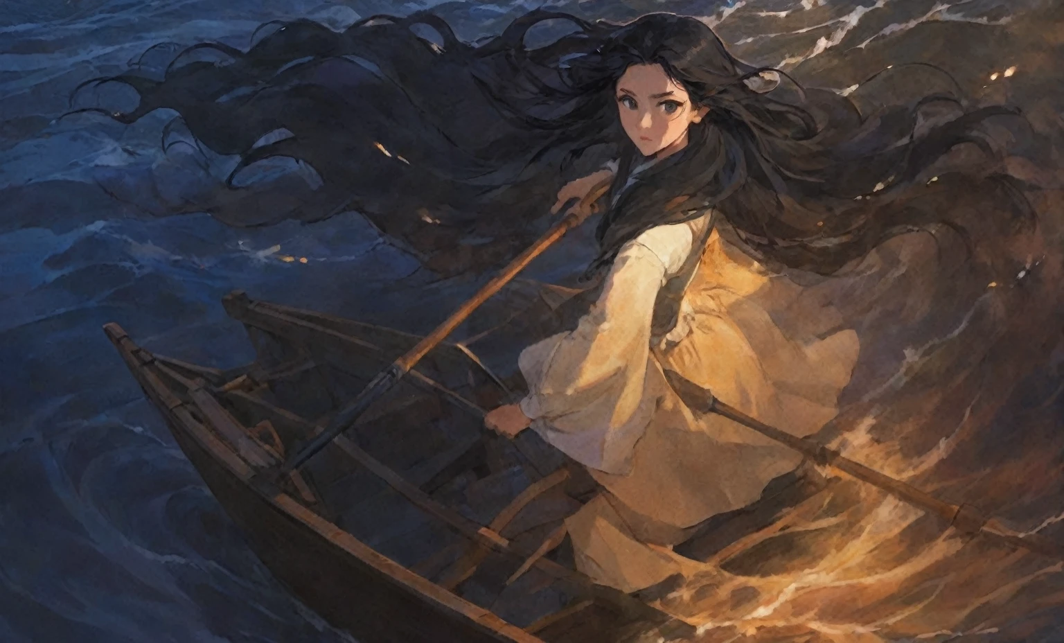 A long-haired protagonist rows a boat,Black hair looks like a river,Color from the top of the head,she drives the boat,Move forward on the wave of difficulties, Rough waves bring a sense of movement to the picture,Highlight the difficulty and determination to move forward,The protagonist on the boat moves forward with determination in the face of wind and waves