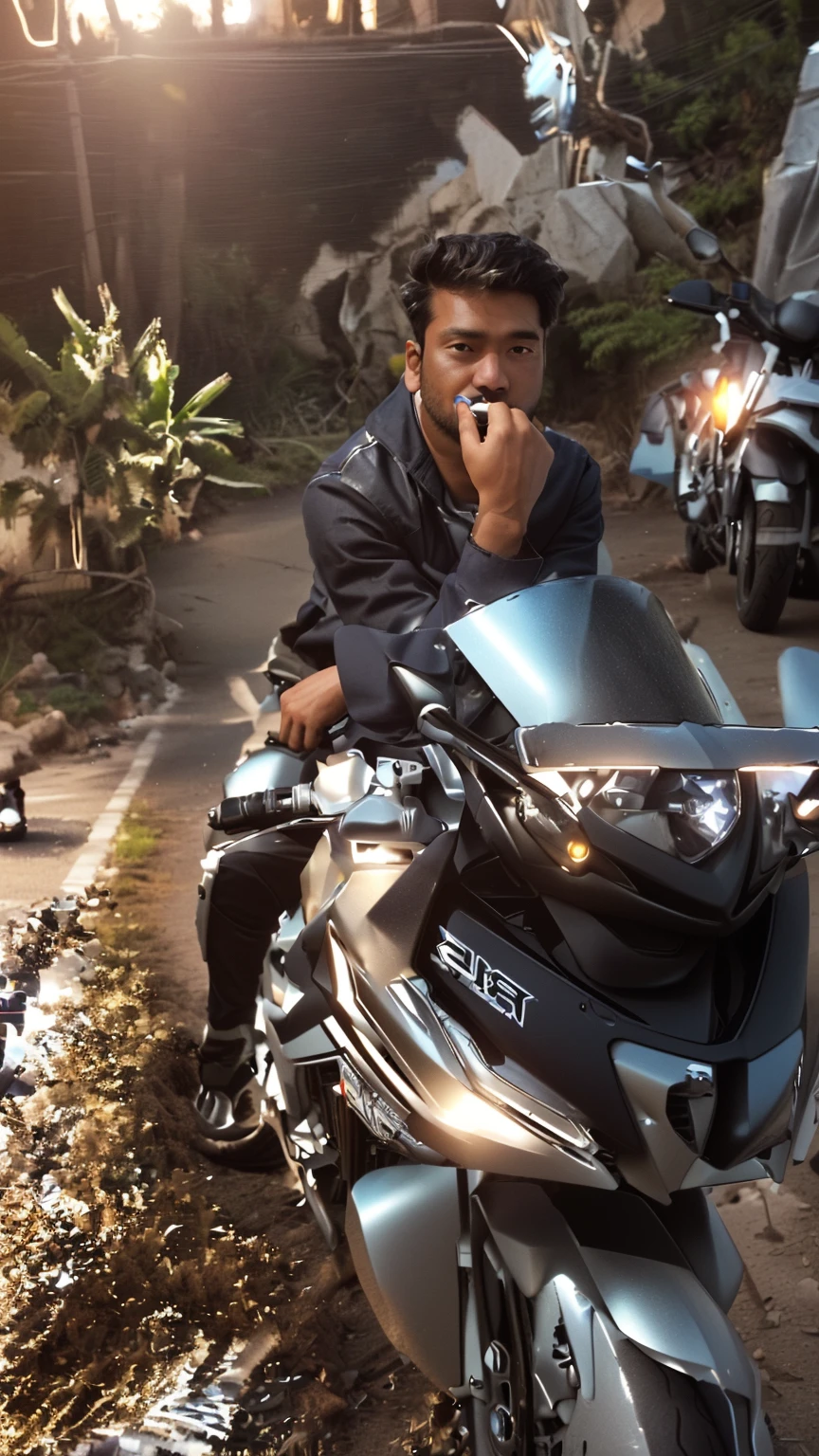 there is a man sitting on a motorcycle on the side of the road, without helmet, front profile!!!!, taken with sony alpha 9, morning time, badass composition, nivanh chanthara, thawan duchanee, inspired by Bikash Bhattacharjee, shot on nikon z9, motorbiker, ayan nag, motorcycle