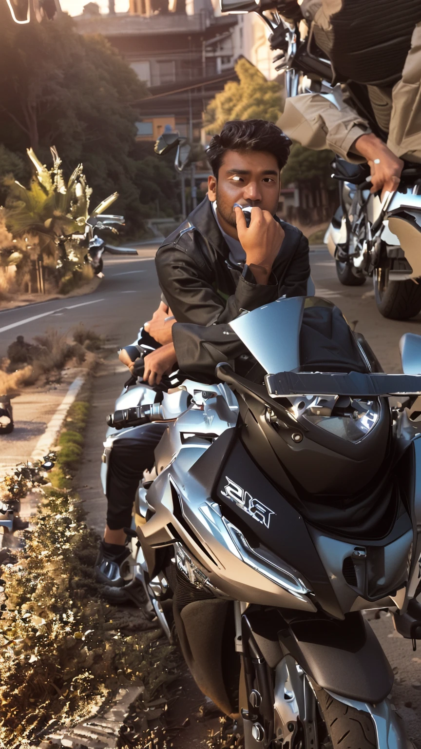 there is a man sitting on a motorcycle on the side of the road, without helmet, front profile!!!!, taken with sony alpha 9, morning time, badass composition, nivanh chanthara, thawan duchanee, inspired by Bikash Bhattacharjee, shot on nikon z9, motorbiker, ayan nag, motorcycle