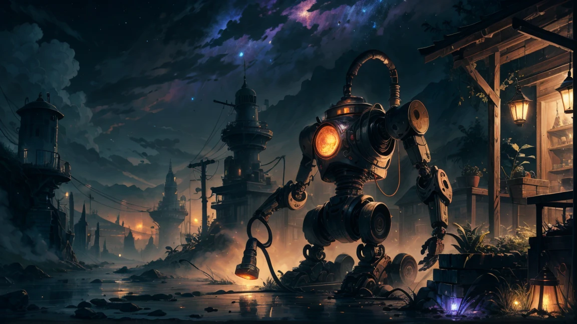 Fantasy painting of a rusty old robot watering the last plants on Earth, Night view