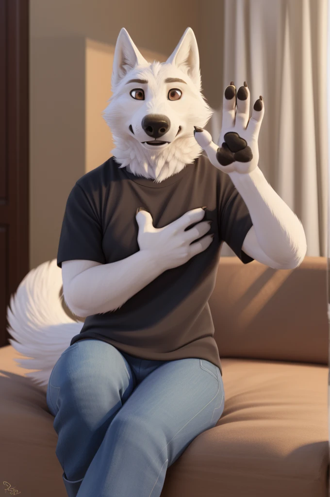 Varvara\(Moscow\), (white body:1.3), white fur, Brown eyes, Moscow, dressed, T-shirt, jeans, sandals dog, wolf, Detailed fur, Woman, breasts, anthro, paw pads, toenails, treats guests , waving to the viewer, 5 fingers, paws, 4 toes, ring, white wolf cub walking with a newborn son, from nextel, for dating, from xenoforge, (complex, high detail, shooting, soft focus, RAW while sitting at home,
Photorealism, realism, photorealism, digital style, Subsurface scattering,
masterpiece, Best quality, ultra realistic, 8k)