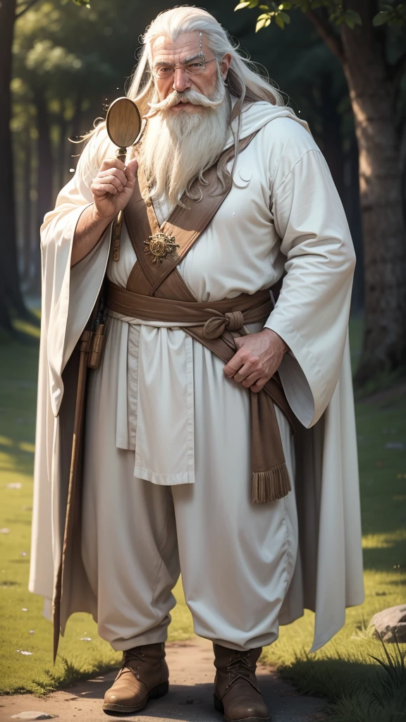 Gandalf, (pose:Full Body Shot), (posing:Full Body Shot), (soft shading), (((4k, hi res, Ray tracing))), ((((extreme detailed sweat drops, glistening, glistening body))), (((five fingers, detailed hands))), ((detailed face, (detailed eyes:1.0), detailed)), by zackarry911, by zaush, (by personalami:0.5), looking at viewer, (((happy,wise eyes))), (((old and wise))), 1boy, standing,(((standing,ashamed))),((( Mustache,beard))),(((dad bod))) ,male focus, white hair, (((handsome, sage))), nature, // ((human)),(((white Robe,white shirt, longpant, brown wizard boot))),((Human, looking at viewer)),((grassy field background, lens blur, lens flare)),