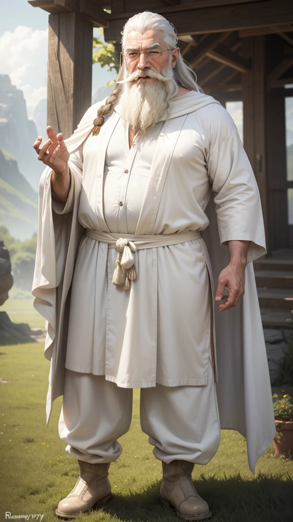 Gandalf, (pose:Full Body Shot), (posing:Full Body Shot), (soft shading), (((4k, hi res, Ray tracing))), ((((extreme detailed sweat drops, glistening, glistening body))), (((five fingers, detailed hands))), ((detailed face, (detailed eyes:1.0), detailed)), by zackarry911, by zaush, (by personalami:0.5), looking at viewer, (((happy,wise eyes))), (((old and wise))), 1boy, standing,(((standing,ashamed))),((( Mustache,beard))),(((dad bod))) ,male focus, white hair, (((handsome, sage))), nature, // ((human)),(((white Robe,white shirt, longpant, brown wizard boot))),((Human, looking at viewer)),((grassy field background, lens blur, lens flare)),
