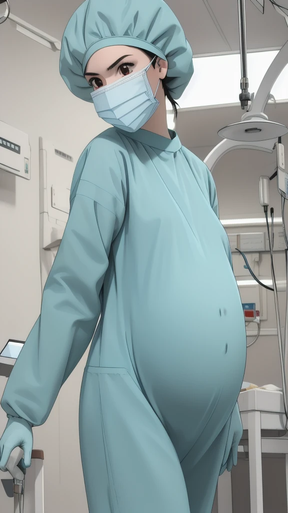 masterpiece, highest quality, the view is turned slightly to the side, (RAW photo, best quality), 1girl, frown, pale skin, shy eyes, big breasts, big tits, pregnant, stand, natural lighting, solo, hospital, in the operating room, 
ray kasugano, pregnant with big belly, (give a score of 9_give a score of 8_give a score of 7) long sleeve Surgical dress, surgical cap, cover ears, surgical mask, long surgical gloves, 