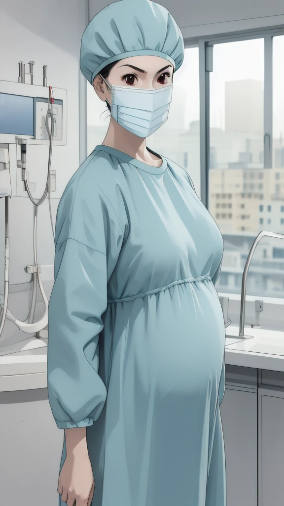 masterpiece, highest quality, the view is turned slightly to the side, (RAW photo, best quality), 1girl, frown, pale skin, shy eyes, big breasts, big tits, pregnant, stand, natural lighting, solo, hospital, in the operating room, 
ray kasugano, pregnant with big belly, (give a score of 9_give a score of 8_give a score of 7) long sleeve Surgical dress, surgical cap, cover ears, surgical mask, long surgical gloves, 