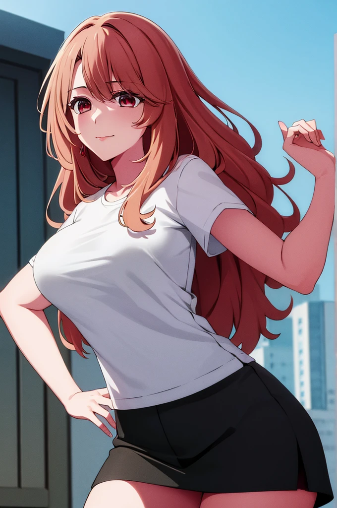 (masterpiece:1.4), (best quality:1.1), (8k, ultra detailed, ultra high res:1.2), ((anime style)), (perfect 5 fingers:1.1), perfect anatomy, 
1girl,
Miyako Saitou, 
BREAK long hair, wavy hair, 
BREAK strawberry blonde hair, 
(red eyes, empty eyes, smile, t-shirt, black skirt), 
BREAK (large breasts:0.9), looking at viewer, 
BREAK cowboy shot, standing, hand on own hip, 
(outdoors, outside, sunny:1.1),  