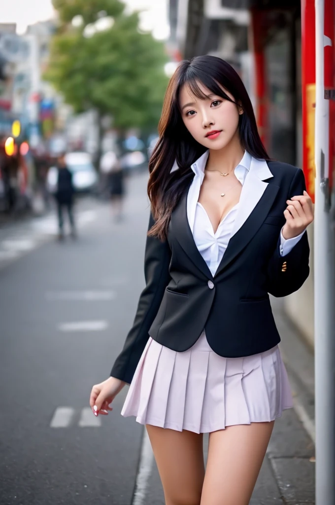 a 16 year old girl, she is the most beautiful actress in the world, the perfect body proportions of this girl, the skin of her upper body with it's large breasts are unexposed 100%, the blazer is firmly covering the waist area of shirt, it's hard for the short skirt to hide the crotch area between her bare legs, the things she wears are formal, it's only one description of one body, it's from right above her head to shins below her knees are just within this frame, all her body is looking forward to viewer of this, she is standing at the city street, nsfw, best quality, highly detailed, masterpiece, ultra high res, photo realistic, 8k, RAW photo