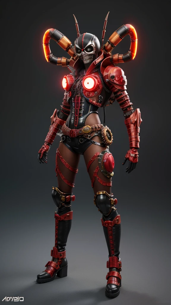 3D rendering, toy, steampunk style, tarantula, skull, countless poisonous snakes wriggling around the head, translucent, four glowing red eyes, monster, powered suit, villain cyborg, invader, toxic substance, full body image, digital image.