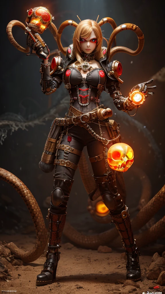 3D rendering, toy, steampunk style, tarantula, skull, countless poisonous snakes wriggling around the head, translucent, four glowing red eyes, monster, powered suit, villain cyborg, invader, toxic substance, full body image, digital image.