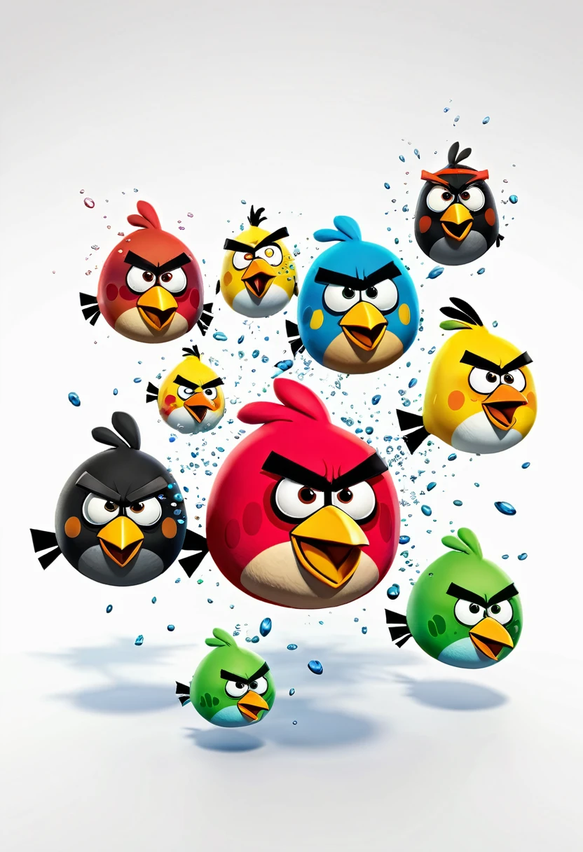 3D illustration of colorful Angry birds floating in the air, on a white background