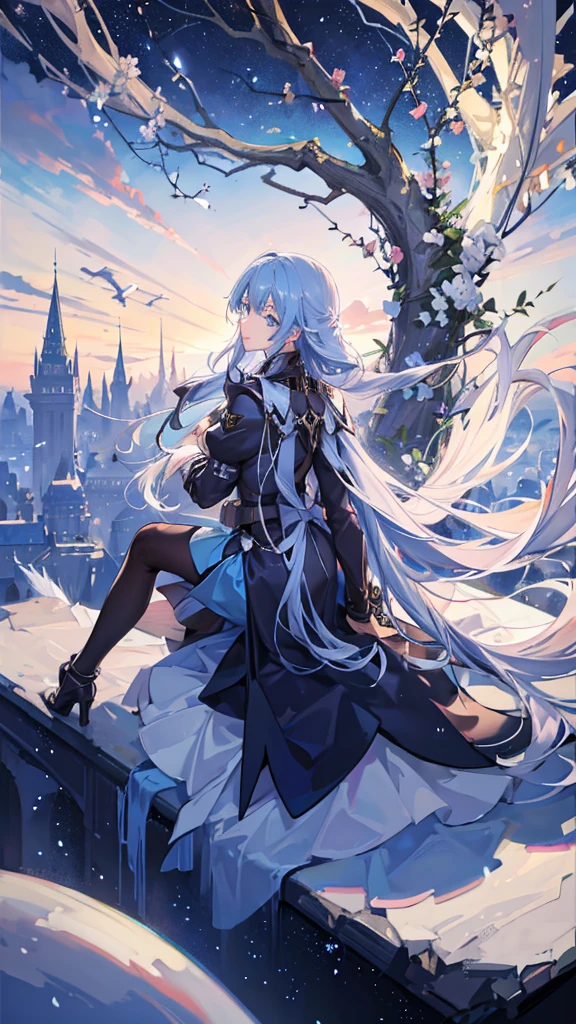 A girl with long blue hair, wearing a knight's uniform, blue eyes, flying in the sky, surrounding the beautiful sky, shimmering and magical colors, panoramic view from afar