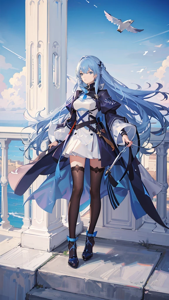 A girl with long blue hair, wearing a knight's uniform, blue eyes, flying in the sky, surrounding the beautiful sky, shimmering and magical colors, panoramic view from afar