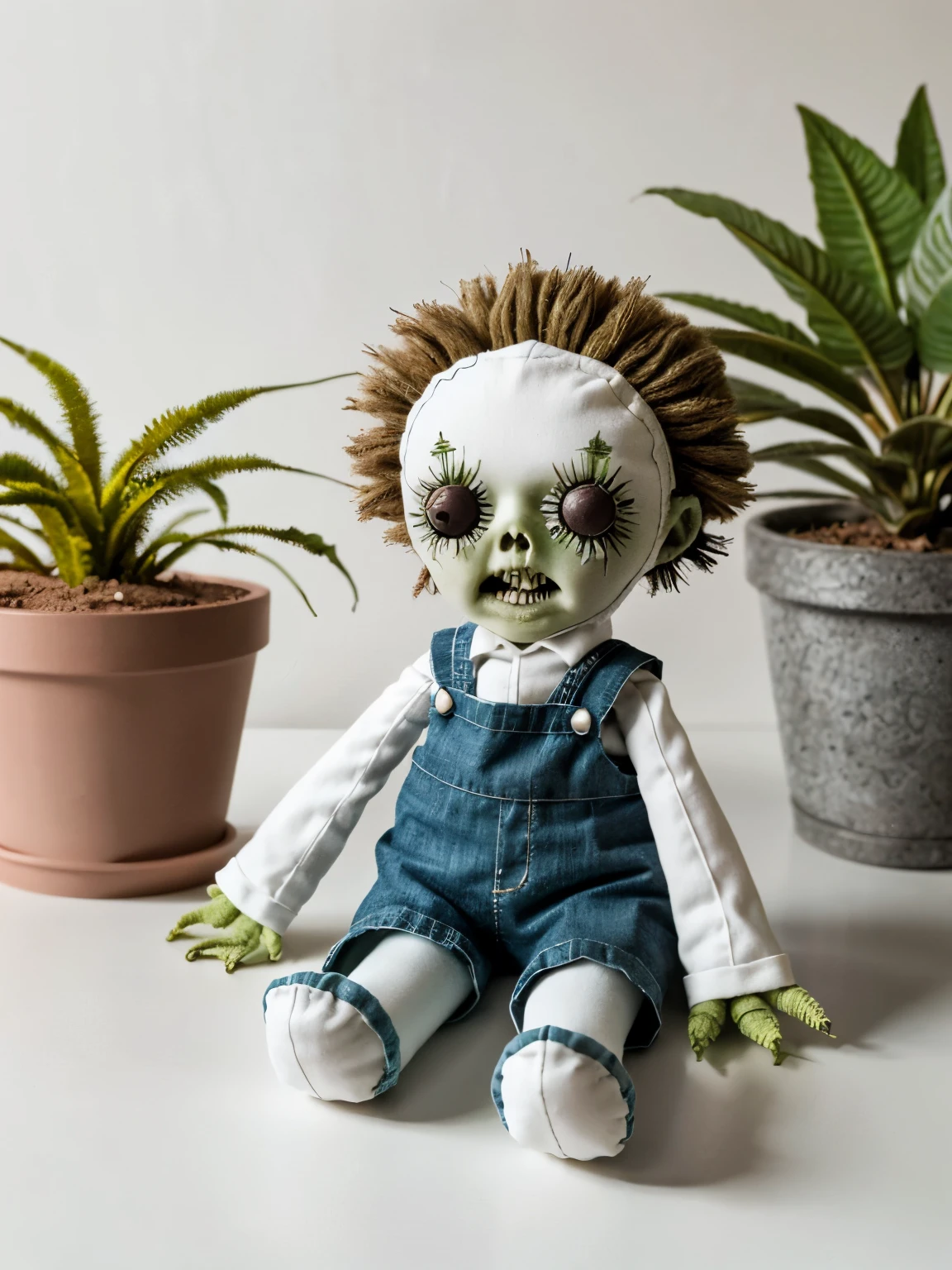 cute fluff doll , plants vs zombie, (zombie doll), (plant doll), cute doll, white room, product photo, masterpiece