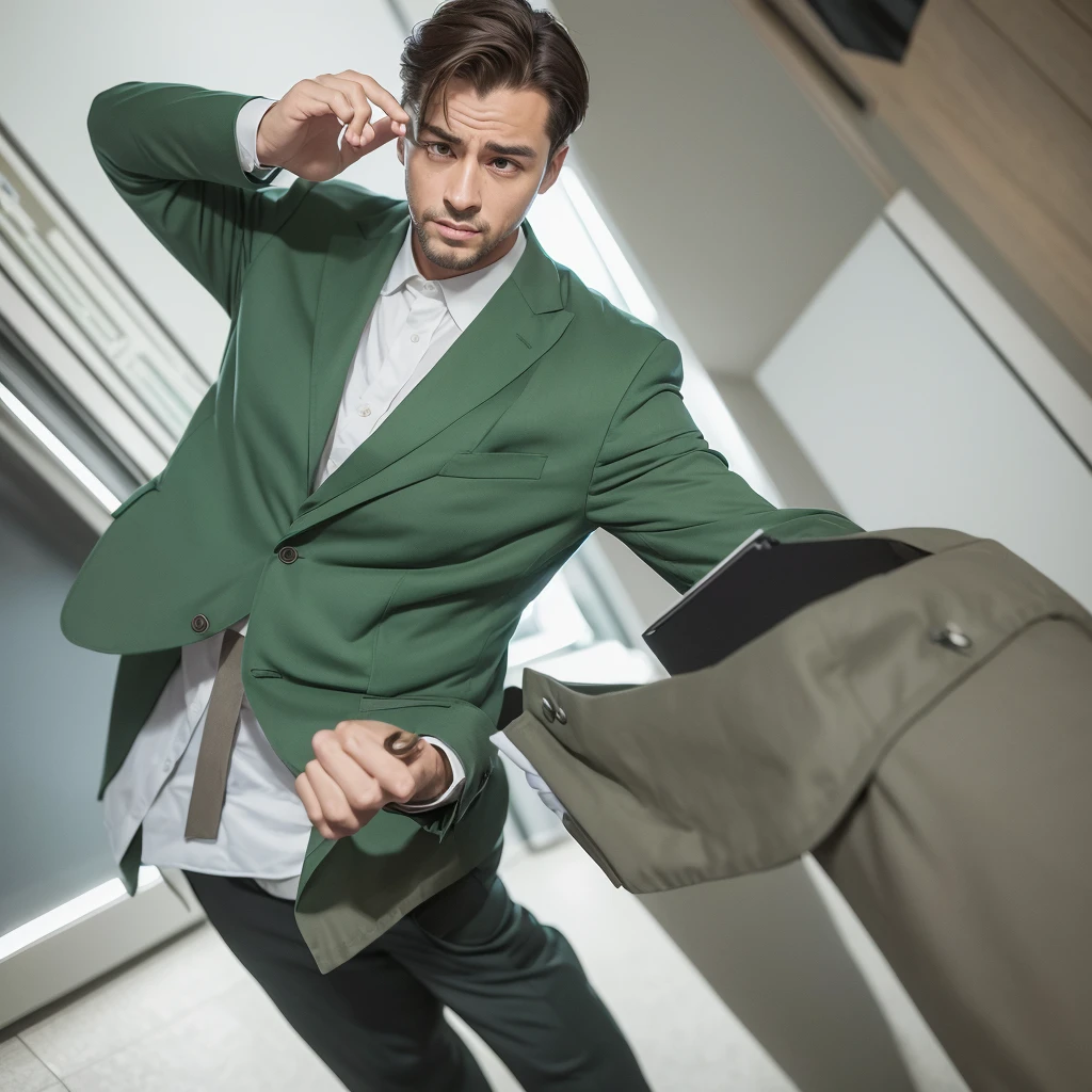 Create an image depicting a man dressed in a green business suit who exhibits excessive concern and consideration towards others in his everyday life. Show him in various daily situations where he demonstrates heightened attentiveness and care for those around him. Capture realistic expressions and gestures that convey his thoughtful and empathetic nature. Set the scenes in typical daily environments to emphasize the relatability and realism of his actions. Ensure the composition convincingly portrays his genuine kindness and attentive demeanor.