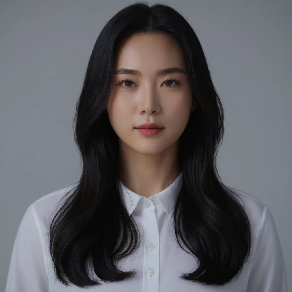 Best Quality, 8k, Masterpiece, (Portrait: 1.3), (photo realistic:1.4), (hyper realistic:1.4), Sharp Focus, looking at viewer, (smoother lighting:1.1), (increase cinematic lighting quality:0.9), realistic lighting, backlighting, light on face, ray trace, (brightening light:1.2), (Increase quality:1.4), sharp detail, (best quality real texture skin:1.4), finely detailed eyes, black_eyes, finely detailed face, 25 year old Korean woman, (white formal_shirt:1.4), (Create an image maintaining the original base model hairstyle:1.5),charmed_face