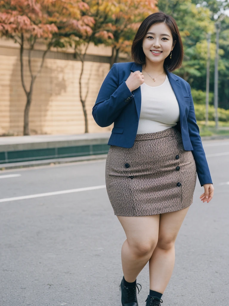 Sandara Park, her name is Akira, high quality, 1girl, ((25-year-old chubby asian woman)), ((25 years old)), (((curvy body))), SHORT BOB, pose: standing, wearing stylish fashionable Generation-Z modern wear different colored, happy, laughing BACKGROUND: park
