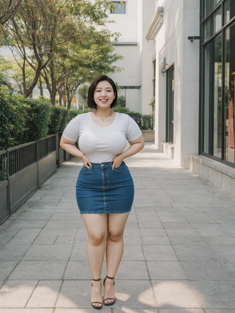 Sandara Park, her name is Akira, high quality, 1girl, ((25-year-old chubby asian woman)), ((25 years old)), (((curvy body))), SHORT BOB, pose: standing, wearing stylish fashionable Generation-Z modern wear different colored, happy, laughing BACKGROUND: park