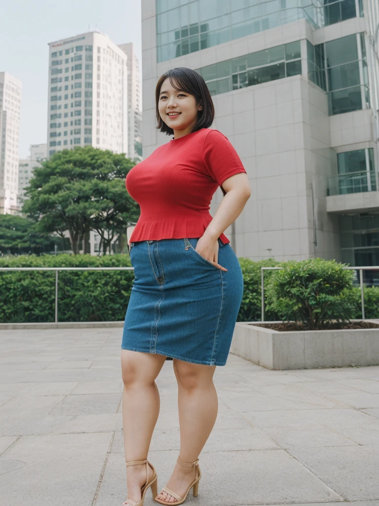 Sandara Park, her name is Akira, high quality, 1girl, ((25-year-old chubby asian woman)), ((25 years old)), (((curvy body))), SHORT BOB, pose: standing, wearing stylish fashionable Generation-Z modern wear different colored, happy, laughing BACKGROUND: park