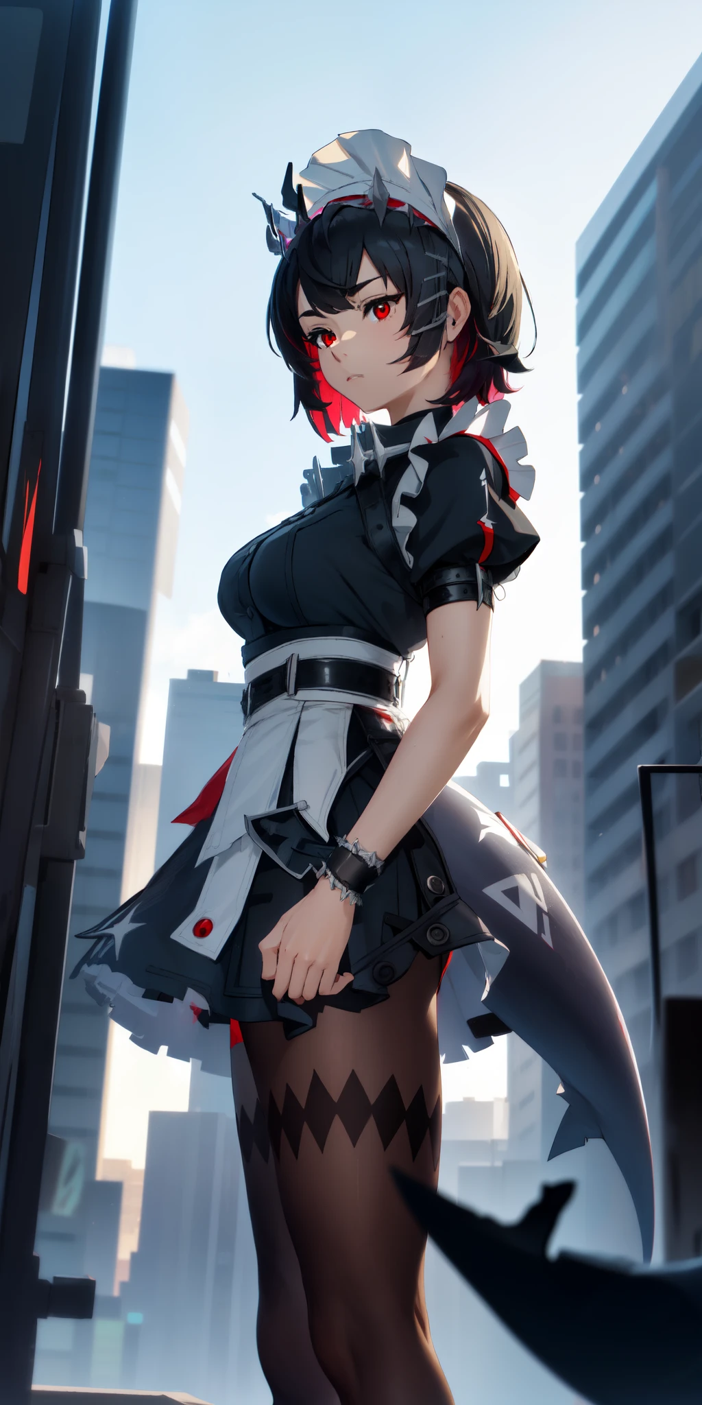 Anti-Joe, Ugly Joe, Black Hair, Colored undercoat, multicoloRed hair, (Red Eyes:1.3), Red hair, short hair, Two-tone hair,
rest bapron, black Pantyhose, black shirt, black skirt, ear punching, arrive, fish Tail, maid, maid apron, maid headdress, Pantyhose, punching, puffy Short sleeve, Puff sleeves, Shark Girl, shark Tail, shirt, Short sleeve, skirt, Tail, Two-tone hair, Wrist sleeves,
rest outdoors, City, Sky, cloud, sun, architecture, crowd, people, alley,
rest looking at viewer, (Cowboy shooting:1.5),
rest (masterpiece:1.2), best quality, high resolution, Unity 8K wallpaper, (illustration:0.8), (beautiful deTailed eyes:1.6), extremely deTailed face, Perfect lighting, extremely deTailed CG, (Perfect hands, Perfect anatomical structure),